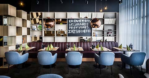 Snack bar with big blue vertical window blinds