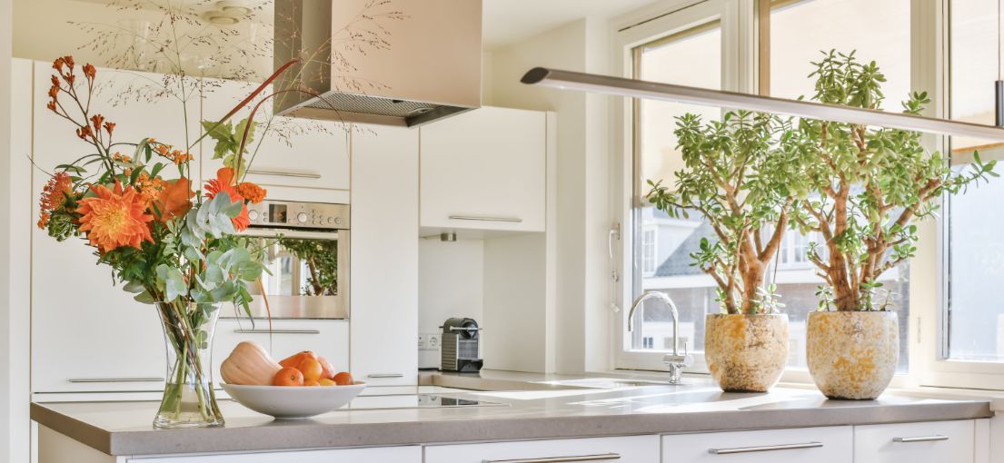 Bright and modern Culver City kitchen with custom roller shades by Master Blinds, enhancing aesthetics and functionality.