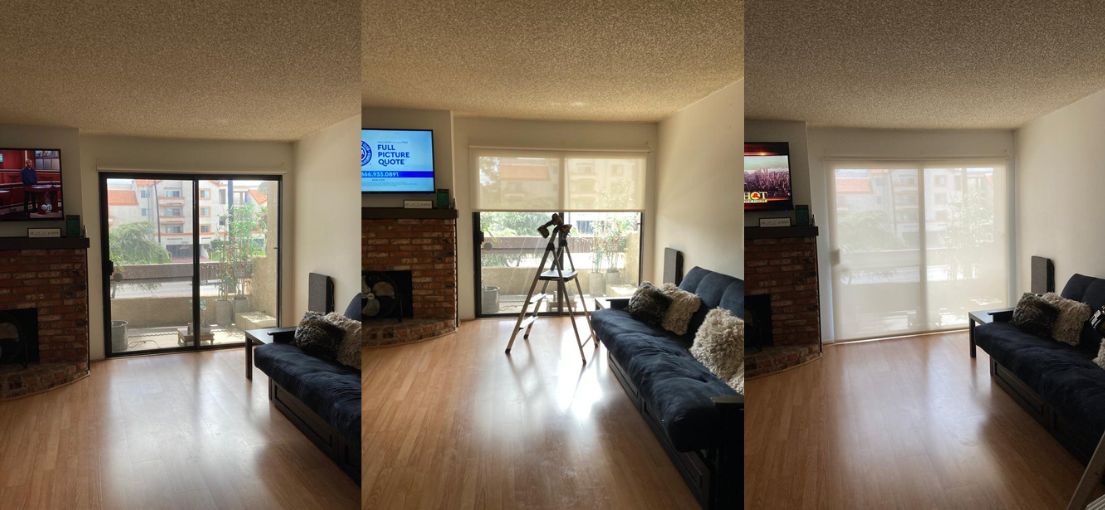 Custom shading by Master Blinds transforms the living room into a sophisticated retreat with a perfect balance of light and privacy.