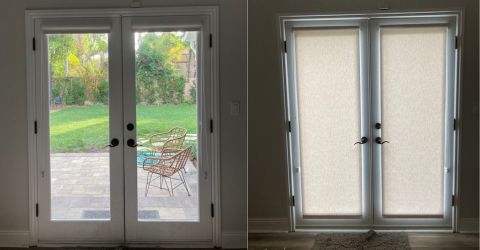 Custom pull down window shades installed on a double patio door in Marina Del Rey residence.