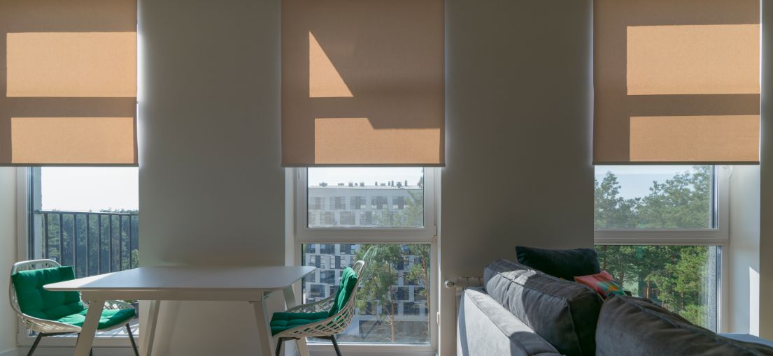 Somfy electric roller shades installed in a stylish Hollywood Hills studio, filtering sunlight.